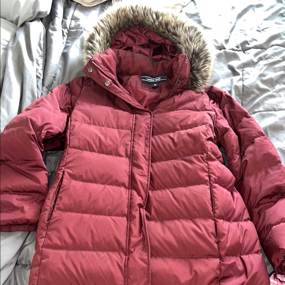 Maroon Long Puffer Coat with Faux Fur Hood